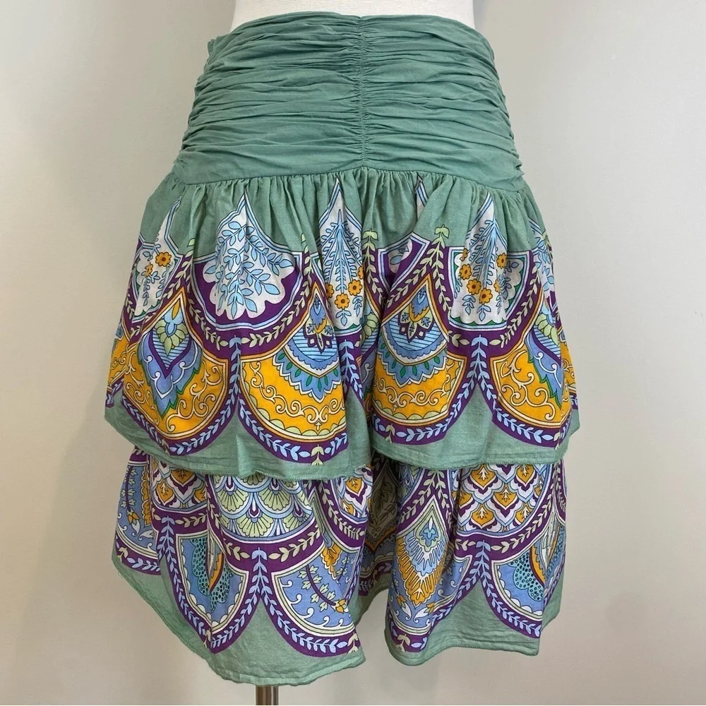 Anthropologie LetMeBe Tiered Bohemian Mini Skirt Sz S Lined‎ Ruched Waist Fairy